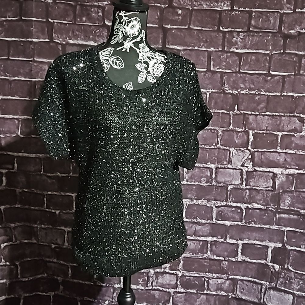 Halston Black Sequin Short Sleeve Top size Medium